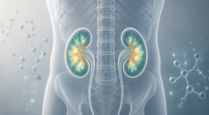 Illustrated kidneys with subtle radiotracer activity representing renal dosimetry