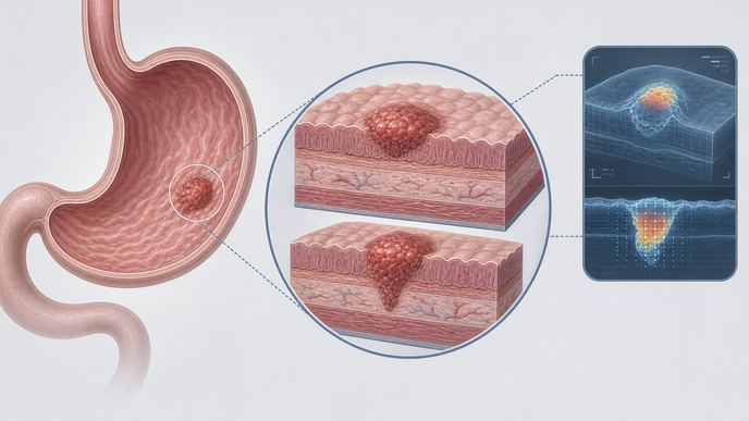 Simplified stomach illustrating AI assessment of mucosal versus submucosal early gastric cancer