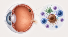 Simplified eye showing uveal melanoma with adjacent immune cells and disease activity