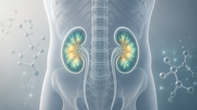 Illustrated kidneys with subtle radiotracer activity representing renal dosimetry